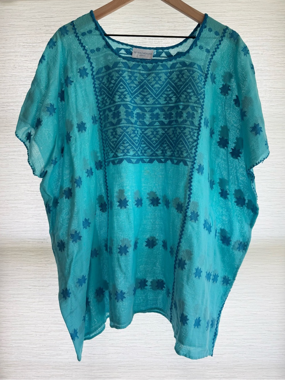 Mi Golondrina Mexico Hand-Embroidered Tunic Top Teal Turquoise *flaw* No size
